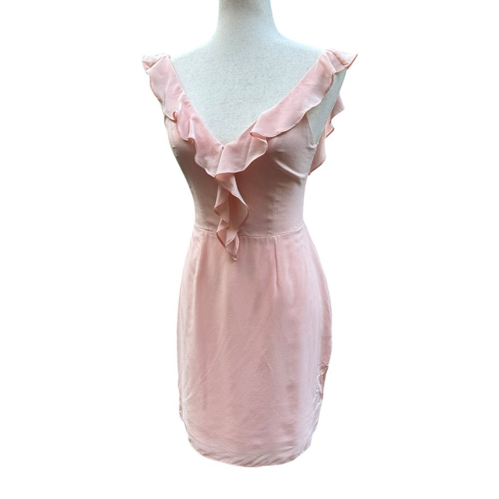 Amanda Uprichard Petal Pink Blush 100% Silk Mini Dress Small Ruffle V-Neck - Picture 3 of 12